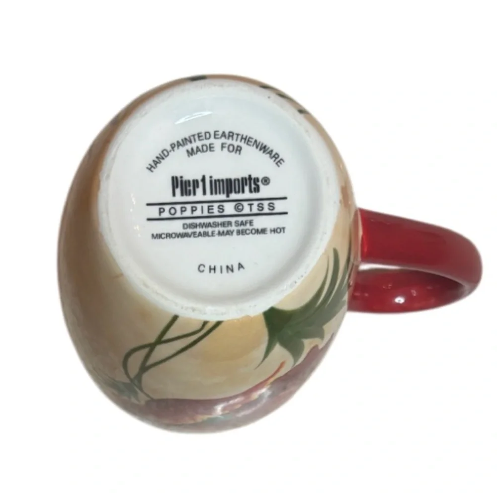 Pier 1 Poppies Mug 4 Piece Set Hand Painted Earthenware Replacements Red Floral